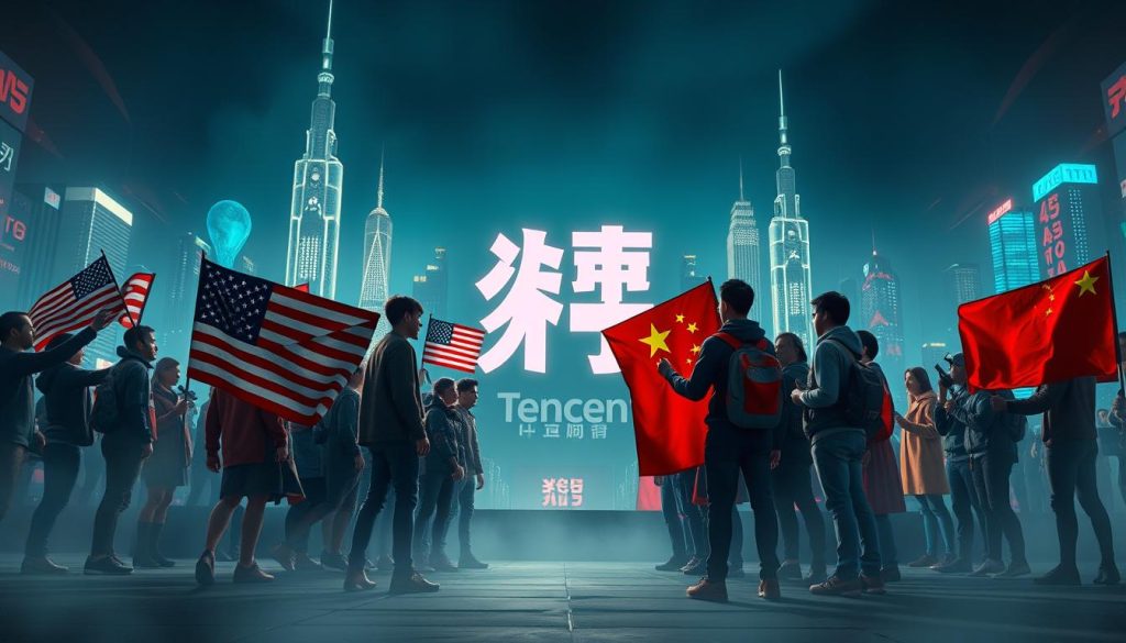 A breathtaking, cinematic depiction of the gamer cultural divide between the US and China, centered around the Tencent cross-market. In the foreground, two groups of gamers face off, one waving American flags, the other holding Chinese banners. Their expressions convey a tense standoff, reflecting the clash of values and perspectives. In the middle ground, a towering Tencent logo casts an ominous shadow, symbolizing the power dynamics at play. The background is a kaleidoscope of neon-lit cityscapes, hinting at the global nature of the gaming industry. Dramatic lighting casts dramatic shadows, heightening the sense of conflict and urgency. Captured through a wide-angle lens, the scene conveys a grand, cinematic scale, emphasizing the gravity of the cultural divide. A breathtaking, cinematic depiction of the gamer cultural divide between the US and China, centered around the Tencent cross-market. In the foreground, two groups of gamers face off, one waving American flags, the other holding Chinese banners. Their expressions convey a tense standoff, reflecting the clash of values and perspectives. In the middle ground, a towering Tencent logo casts an ominous shadow, symbolizing the power dynamics at play. The background is a kaleidoscope of neon-lit cityscapes, hinting at the global nature of the gaming industry. Dramatic lighting casts dramatic shadows, heightening the sense of conflict and urgency. Captured through a wide-angle lens, the scene conveys a grand, cinematic scale, emphasizing the gravity of the cultural divide.