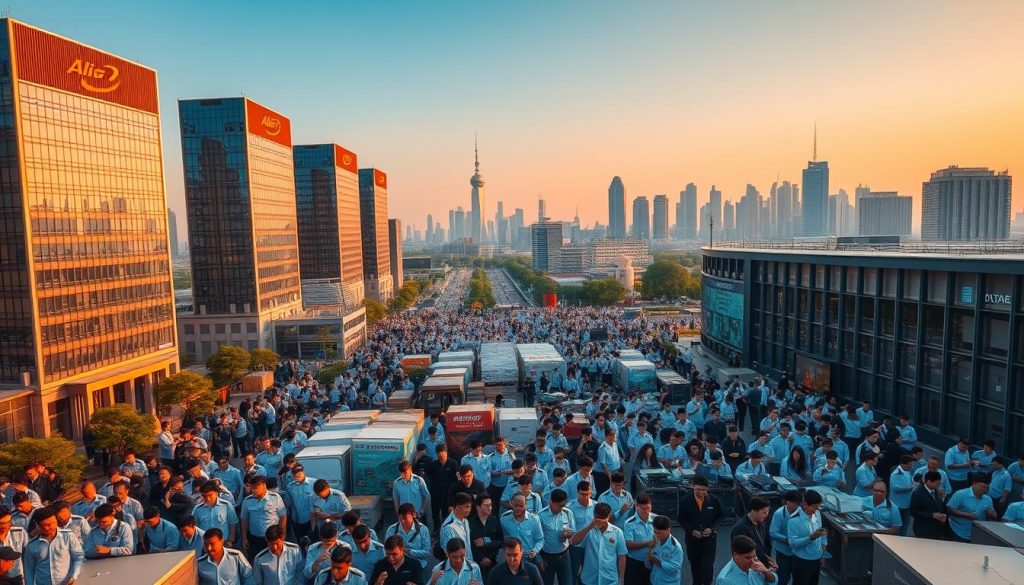 A bustling Alibaba campus, its corporate towers gleaming under the golden light of dusk. In the foreground, a crowd of employees mobilizes, their faces determined as they coordinate logistics, analyze data, and liaise with government officials. The middle ground captures the seamless integration of Alibaba's digital infrastructure, with servers humming and screens flashing real-time updates. In the background, the city skyline serves as a backdrop, reflecting Alibaba's central role in China's pandemic response. A cinematic, wide-angle lens captures the scope and dynamism of Alibaba's all-hands-on-deck mobilization, conveying a sense of urgency, collaboration, and technological prowess. A bustling Alibaba campus, its corporate towers gleaming under the golden light of dusk. In the foreground, a crowd of employees mobilizes, their faces determined as they coordinate logistics, analyze data, and liaise with government officials. The middle ground captures the seamless integration of Alibaba's digital infrastructure, with servers humming and screens flashing real-time updates. In the background, the city skyline serves as a backdrop, reflecting Alibaba's central role in China's pandemic response. A cinematic, wide-angle lens captures the scope and dynamism of Alibaba's all-hands-on-deck mobilization, conveying a sense of urgency, collaboration, and technological prowess.