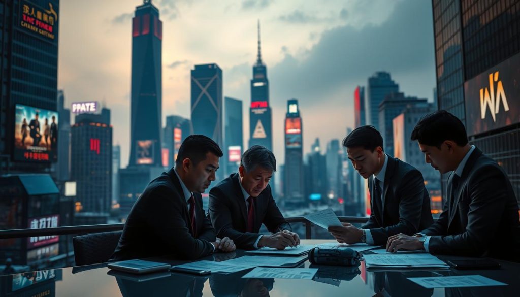 A bustling city skyline at dusk, with towering skyscrapers and neon-lit billboards advertising the latest blockbuster films. In the foreground, a group of executives in sharp suits and ties huddle around a conference table, poring over market data and strategic plans. The lighting is warm and cinematic, casting dramatic shadows across their faces as they discuss the challenges of film distribution in the Chinese market. The background is hazy, suggesting the high-stakes, competitive nature of the industry. The overall atmosphere conveys a sense of innovation, determination, and the desire to captivate audiences in the world's largest movie-going market. A bustling city skyline at dusk, with towering skyscrapers and neon-lit billboards advertising the latest blockbuster films. In the foreground, a group of executives in sharp suits and ties huddle around a conference table, poring over market data and strategic plans. The lighting is warm and cinematic, casting dramatic shadows across their faces as they discuss the challenges of film distribution in the Chinese market. The background is hazy, suggesting the high-stakes, competitive nature of the industry. The overall atmosphere conveys a sense of innovation, determination, and the desire to captivate audiences in the world's largest movie-going market.