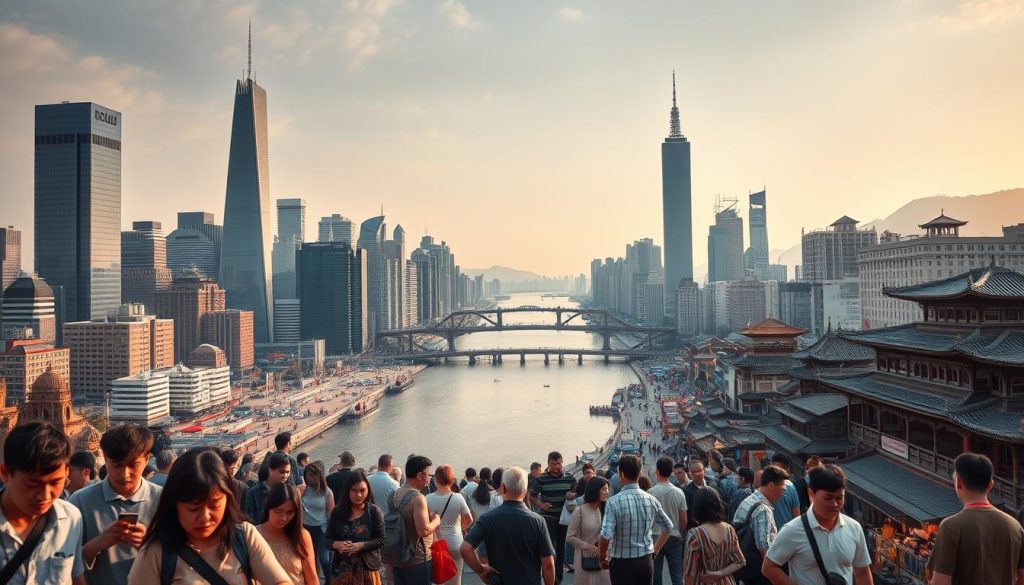A bustling city skyline, divided by a grand river. On one side, towering glass skyscrapers and sleek, modern architecture reflect the western world's technological prowess. On the other, a kaleidoscope of traditional buildings and bustling street markets, showcasing the East's vibrant cultural heritage. In the foreground, people of diverse backgrounds navigate the intersection of old and new, some embracing the latest gadgets and innovations, others maintaining a more cautious, time-honored approach. Soft, warm lighting casts a dreamlike quality, highlighting the nuanced differences in societal attitudes towards technological progress. A cinematic, thought-provoking scene that captures the complex dynamics of the East-West divide in technology adoption.
