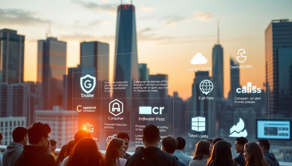A bustling city skyline, with towering glass skyscrapers reflecting the warm glow of the sunset. In the foreground, a group of people gather around a holographic display, deep in discussion. The display showcases various consumer protection policies and initiatives from leading tech companies, their logos and icons glowing with a sense of transparency and trust. The atmosphere is one of engaged civic participation, as citizens examine the data and policies that aim to safeguard their well-being during times of crisis. Soft lighting and muted tones convey a sense of earnest collaboration, highlighting the public's faith in the tech industry's role as a responsible steward of public interests.