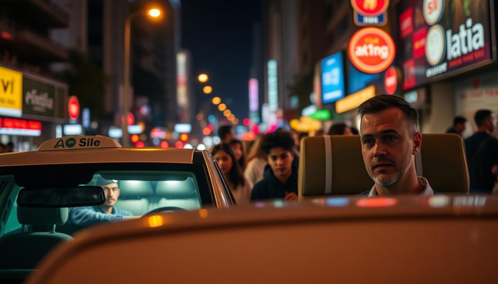 A bustling city street at night, dimly lit by streetlamps and neon signs. In the foreground, a ride-hailing vehicle, its interior illuminated with a soft, reassuring glow. The driver, visible through the windshield, maintains a vigilant expression, ready to ensure the safety of their passengers. In the middle ground, a group of passengers, diverse in age and appearance, enter the vehicle with a sense of trust and security. The background is a blur of movement, capturing the energy and activity of the urban landscape. The scene conveys a mood of increased safety measures and a commitment to passenger well-being, reflecting the new safety features of the ride-hailing service. A bustling city street at night, dimly lit by streetlamps and neon signs. In the foreground, a ride-hailing vehicle, its interior illuminated with a soft, reassuring glow. The driver, visible through the windshield, maintains a vigilant expression, ready to ensure the safety of their passengers. In the middle ground, a group of passengers, diverse in age and appearance, enter the vehicle with a sense of trust and security. The background is a blur of movement, capturing the energy and activity of the urban landscape. The scene conveys a mood of increased safety measures and a commitment to passenger well-being, reflecting the new safety features of the ride-hailing service.