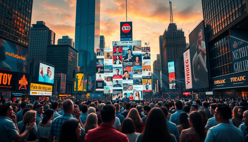 A bustling cityscape at dusk, skyscrapers and neon signs casting a vibrant glow. In the foreground, a diverse crowd of people engages in lively discussion, gesticulating animatedly. The middle ground features a large, holographic display showcasing a collage of social media trends, memes, and cultural commentary. In the background, a network of interconnected digital streams flow, representing the constant flux of online discourse. The scene is bathed in a warm, cinematic lighting, creating a sense of energy and dynamism. Captured through a wide-angle lens, the image conveys the multifaceted and ever-evolving nature of cultural trends in a modern, technologically-driven society. A bustling cityscape at dusk, skyscrapers and neon signs casting a vibrant glow. In the foreground, a diverse crowd of people engages in lively discussion, gesticulating animatedly. The middle ground features a large, holographic display showcasing a collage of social media trends, memes, and cultural commentary. In the background, a network of interconnected digital streams flow, representing the constant flux of online discourse. The scene is bathed in a warm, cinematic lighting, creating a sense of energy and dynamism. Captured through a wide-angle lens, the image conveys the multifaceted and ever-evolving nature of cultural trends in a modern, technologically-driven society.