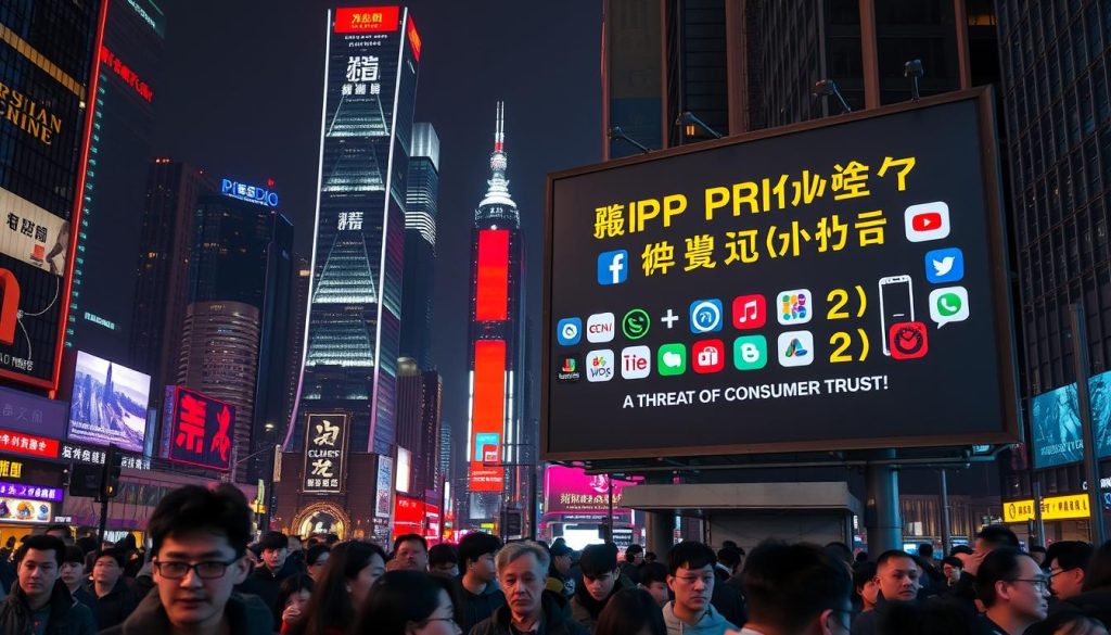 A bustling cityscape at night, the neon-lit towers of a modern Chinese metropolis casting long shadows across the streets below. In the foreground, a throng of concerned consumers, their faces etched with worry, gather around a large billboard emblazoned with the logos of popular mobile apps. The billboard's message, in stark contrast to the sleek urban setting, conveys a sense of unease and backlash - "App Privacy Violations: A Threat to Consumer Trust." The scene is imbued with a sense of tension, as the clash between technological advancement and personal data protection plays out against the backdrop of China's dynamic urban landscape. A bustling cityscape at night, the neon-lit towers of a modern Chinese metropolis casting long shadows across the streets below. In the foreground, a throng of concerned consumers, their faces etched with worry, gather around a large billboard emblazoned with the logos of popular mobile apps. The billboard's message, in stark contrast to the sleek urban setting, conveys a sense of unease and backlash - "App Privacy Violations: A Threat to Consumer Trust." The scene is imbued with a sense of tension, as the clash between technological advancement and personal data protection plays out against the backdrop of China's dynamic urban landscape.