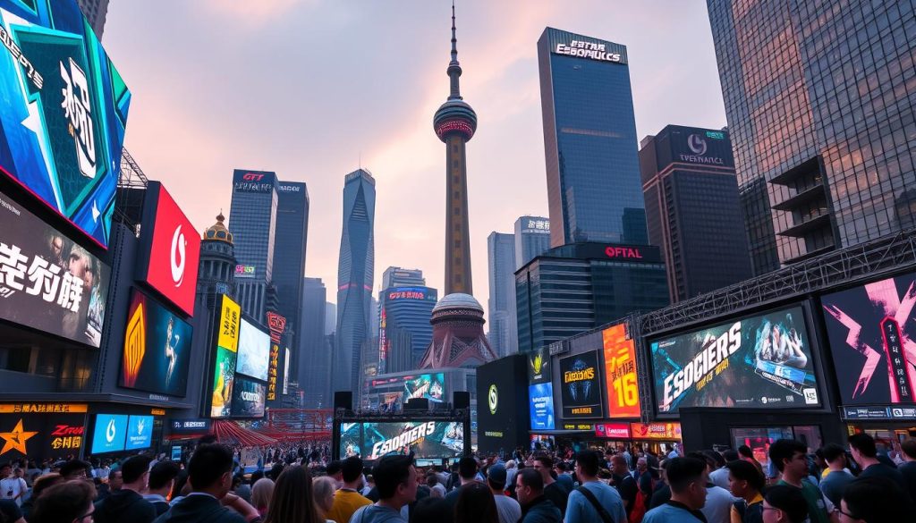 A bustling cityscape of Shanghai's Pudong district, illuminated by the neon glow of massive electronic billboards and digital screens. In the foreground, a group of passionate eSports fans gather around an outdoor viewing stage, their eyes transfixed on the high-resolution displays showcasing the latest tournament. The middle ground features modern skyscrapers and towering architectural marvels, while the background is dominated by the iconic Oriental Pearl Tower, its distinctive spheres gleaming under the warm evening light. The atmosphere is electric, with a palpable sense of excitement and anticipation as the city embraces its status as a global eSports destination. A bustling cityscape of Shanghai's Pudong district, illuminated by the neon glow of massive electronic billboards and digital screens. In the foreground, a group of passionate eSports fans gather around an outdoor viewing stage, their eyes transfixed on the high-resolution displays showcasing the latest tournament. The middle ground features modern skyscrapers and towering architectural marvels, while the background is dominated by the iconic Oriental Pearl Tower, its distinctive spheres gleaming under the warm evening light. The atmosphere is electric, with a palpable sense of excitement and anticipation as the city embraces its status as a global eSports destination.