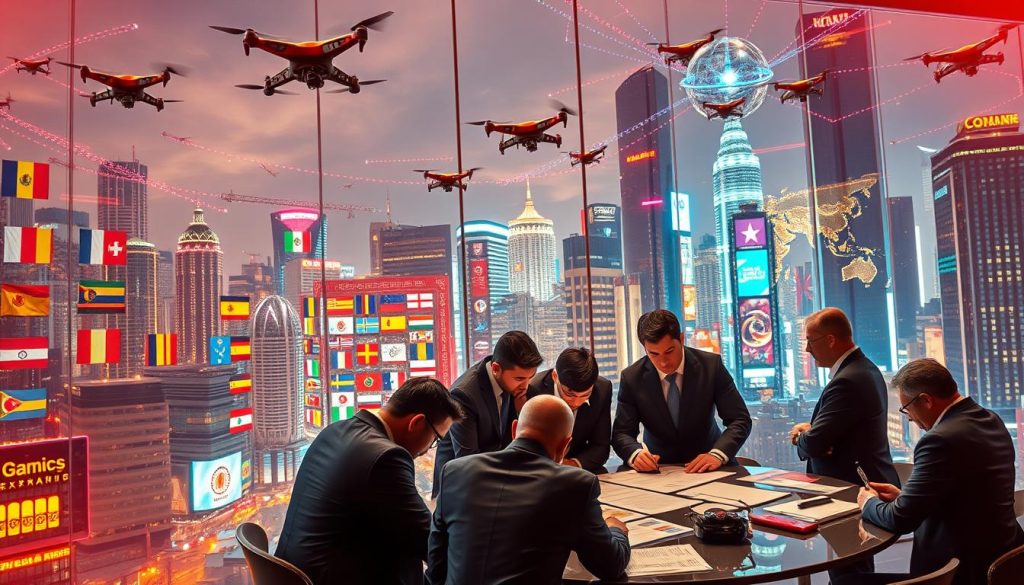 A bustling cityscape, vibrant with neon lights and towering skyscrapers, serves as the backdrop for a dynamic scene of international gaming expansion. In the foreground, a group of business professionals in sharp suits huddle around a table, poring over data-filled reports and strategizing their next global move. Reflected in the glass windows behind them, a mosaic of flags from diverse nations symbolizes the global reach of the gaming industry. Overhead, a swarm of drones and holographic displays showcase cutting-edge technology, hinting at the innovative tools powering this international expansion. The scene is illuminated by a warm, futuristic glow, capturing the sense of excitement and boundless potential in the world of global gaming. A bustling cityscape, vibrant with neon lights and towering skyscrapers, serves as the backdrop for a dynamic scene of international gaming expansion. In the foreground, a group of business professionals in sharp suits huddle around a table, poring over data-filled reports and strategizing their next global move. Reflected in the glass windows behind them, a mosaic of flags from diverse nations symbolizes the global reach of the gaming industry. Overhead, a swarm of drones and holographic displays showcase cutting-edge technology, hinting at the innovative tools powering this international expansion. The scene is illuminated by a warm, futuristic glow, capturing the sense of excitement and boundless potential in the world of global gaming.