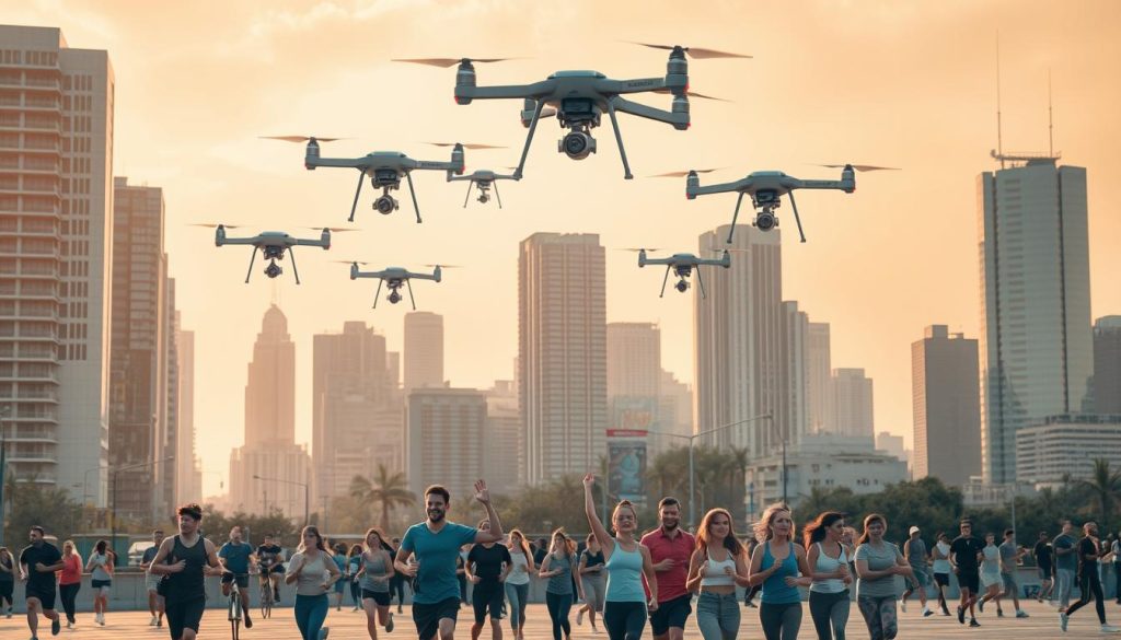 A bustling cityscape with high-rise buildings and bustling streets. In the foreground, a group of people are participating in various fitness activities, such as jogging, cycling, and yoga. Towering above the city, a network of drones equipped with cameras and sensors, monitoring the health and activity levels of the citizens below. The scene is bathed in a warm, golden glow, creating a sense of optimism and well-being. The drones' presence suggests a comprehensive health surveillance strategy, blending technology and community engagement to promote public wellness. The overall mood is one of vibrant, technologically-enhanced urban life, where individual health and collective wellbeing are seamlessly integrated. A bustling cityscape with high-rise buildings and bustling streets. In the foreground, a group of people are participating in various fitness activities, such as jogging, cycling, and yoga. Towering above the city, a network of drones equipped with cameras and sensors, monitoring the health and activity levels of the citizens below. The scene is bathed in a warm, golden glow, creating a sense of optimism and well-being. The drones' presence suggests a comprehensive health surveillance strategy, blending technology and community engagement to promote public wellness. The overall mood is one of vibrant, technologically-enhanced urban life, where individual health and collective wellbeing are seamlessly integrated.