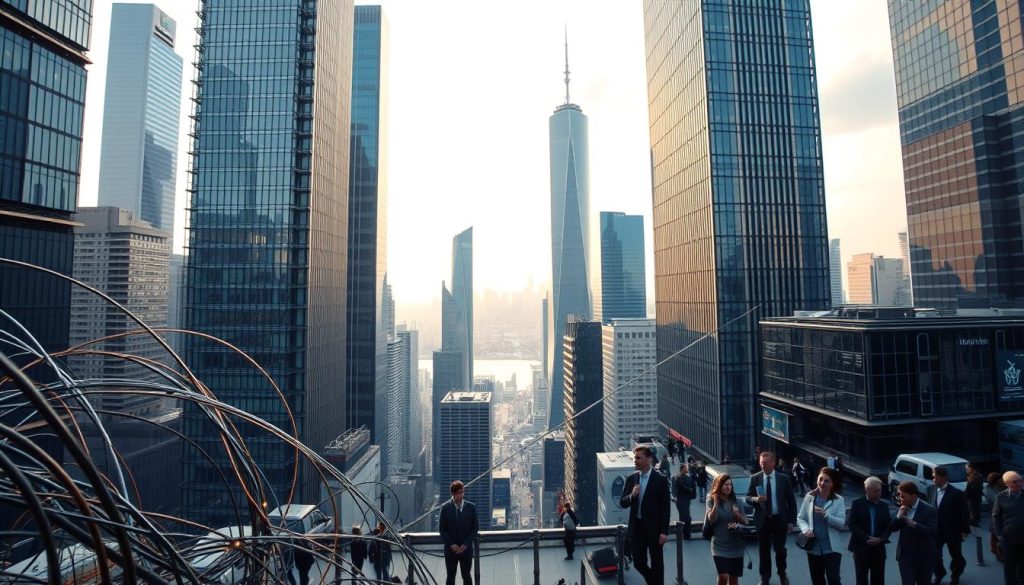 A bustling cityscape with towering skyscrapers, sleek and modern architecture reflecting the global ambition of AI-powered solutions. In the foreground, a network of data cables and circuits intertwine, symbolizing the interconnected nature of these technologies. The midground features a diverse array of people - business professionals, researchers, and technicians - collaborating on cutting-edge projects. The background showcases a panoramic view of the city, bathed in a warm, golden glow, suggesting the transformative potential of AI to reshape urban life. The entire scene is captured through a wide-angle lens, conveying a sense of scale and the far-reaching impact of these global AI innovations. A bustling cityscape with towering skyscrapers, sleek and modern architecture reflecting the global ambition of AI-powered solutions. In the foreground, a network of data cables and circuits intertwine, symbolizing the interconnected nature of these technologies. The midground features a diverse array of people - business professionals, researchers, and technicians - collaborating on cutting-edge projects. The background showcases a panoramic view of the city, bathed in a warm, golden glow, suggesting the transformative potential of AI to reshape urban life. The entire scene is captured through a wide-angle lens, conveying a sense of scale and the far-reaching impact of these global AI innovations.