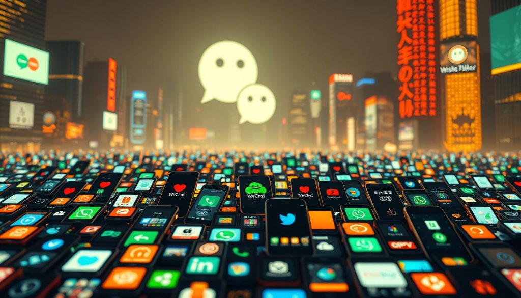 A bustling digital landscape, illuminated by the glow of smartphone screens. In the foreground, a mosaic of app icons representing China's diverse tech ecosystem, each vying for dominance. The middle ground showcases various smartphone brands, their logos emblazoned on sleek, modern devices, poised to challenge the status quo. In the background, a towering silhouette of WeChat, the ubiquitous Chinese super-app, looming large over the scene. The atmosphere is one of strategic alliance, with the smartphone brands uniting to carve out their own space in the market, harnessing the power of collaboration to take on the giant. Warm, muted tones create a sense of unity and determination, while dynamic camera angles and sharp, detailed rendering lend a sense of energy and urgency to the composition. A bustling digital landscape, illuminated by the glow of smartphone screens. In the foreground, a mosaic of app icons representing China's diverse tech ecosystem, each vying for dominance. The middle ground showcases various smartphone brands, their logos emblazoned on sleek, modern devices, poised to challenge the status quo. In the background, a towering silhouette of WeChat, the ubiquitous Chinese super-app, looming large over the scene. The atmosphere is one of strategic alliance, with the smartphone brands uniting to carve out their own space in the market, harnessing the power of collaboration to take on the giant. Warm, muted tones create a sense of unity and determination, while dynamic camera angles and sharp, detailed rendering lend a sense of energy and urgency to the composition.