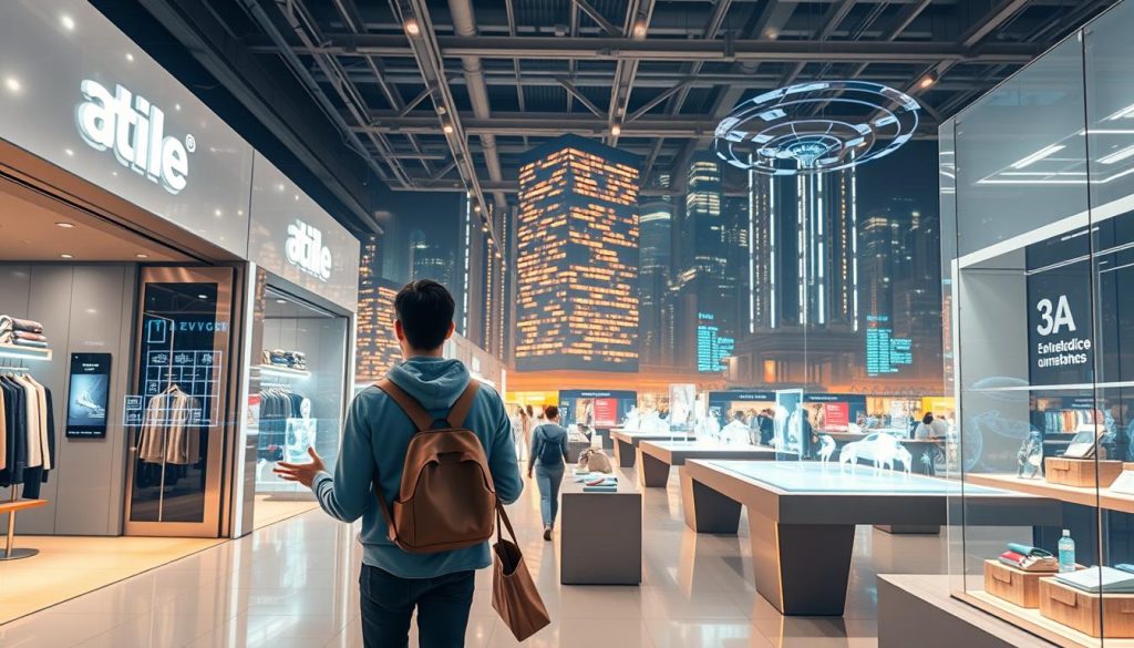 A bustling digital retail landscape, with sleek, futuristic storefronts and holographic product displays. In the foreground, a shopper navigates a virtual showroom, interacting with 3D product models through intuitive gesture controls. The middle ground features a dynamic blend of augmented reality overlays and seamless online-to-offline shopping experiences. In the background, towering data centers and AI-powered logistics hubs hum with the pulse of a new era of connected commerce. Warm, diffused lighting casts a sense of innovation and progress, as the scene captures the essence of brands adapting to the ever-evolving digital retail trends. A bustling digital retail landscape, with sleek, futuristic storefronts and holographic product displays. In the foreground, a shopper navigates a virtual showroom, interacting with 3D product models through intuitive gesture controls. The middle ground features a dynamic blend of augmented reality overlays and seamless online-to-offline shopping experiences. In the background, towering data centers and AI-powered logistics hubs hum with the pulse of a new era of connected commerce. Warm, diffused lighting casts a sense of innovation and progress, as the scene captures the essence of brands adapting to the ever-evolving digital retail trends.