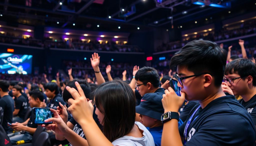 A bustling esports arena, with mobile gamers intently focused on their devices. In the foreground, a group of players engaged in an intense mobile game tournament, their expressions filled with determination. The middle ground showcases the spectators, hands raised in excitement as they cheer on their favorite teams. In the background, a large screen displays the game's progress, casting an ambient glow over the scene. Dramatic lighting accentuates the tension and energy of the event, creating a captivating atmosphere that captures the essence of the mobile gaming esports shift. A bustling esports arena, with mobile gamers intently focused on their devices. In the foreground, a group of players engaged in an intense mobile game tournament, their expressions filled with determination. The middle ground showcases the spectators, hands raised in excitement as they cheer on their favorite teams. In the background, a large screen displays the game's progress, casting an ambient glow over the scene. Dramatic lighting accentuates the tension and energy of the event, creating a captivating atmosphere that captures the essence of the mobile gaming esports shift.