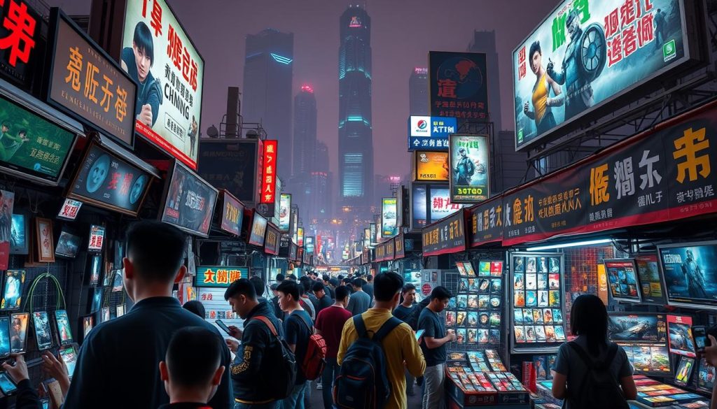 A bustling grey-market mobile games bazaar, neon-lit stalls showcasing a diverse array of pirated and unlicensed titles. In the foreground, a group of customers examines bootleg copies of popular games, their faces illuminated by the glow of smartphone screens. The middle ground features a maze of hastily constructed vendor booths, each offering a dizzying array of unlawful digital wares. In the background, a towering cityscape of skyscrapers and billboards hints at the scale of China's thriving but unregulated mobile gaming landscape. The scene conveys a sense of vibrant yet illicit activity, a visual representation of the impact of game bans on the country's digital marketplace. A bustling grey-market mobile games bazaar, neon-lit stalls showcasing a diverse array of pirated and unlicensed titles. In the foreground, a group of customers examines bootleg copies of popular games, their faces illuminated by the glow of smartphone screens. The middle ground features a maze of hastily constructed vendor booths, each offering a dizzying array of unlawful digital wares. In the background, a towering cityscape of skyscrapers and billboards hints at the scale of China's thriving but unregulated mobile gaming landscape. The scene conveys a sense of vibrant yet illicit activity, a visual representation of the impact of game bans on the country's digital marketplace.