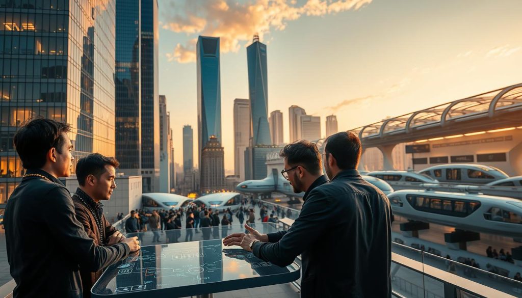 A bustling modern cityscape, reflecting the dynamic transformation of a startup ecosystem. In the foreground, a group of entrepreneurs strategize around a holographic table, their faces illuminated by a warm, ambient glow. The middle ground showcases towering skyscrapers, their sleek glass facades gleaming under the golden hour sunlight. In the background, a futuristic transportation hub bustles with activity, hinting at the innovative mobility solutions that may emerge from this evolving landscape. The scene conveys a sense of energy, collaboration, and the pioneering spirit that drives startup transformations. A bustling modern cityscape, reflecting the dynamic transformation of a startup ecosystem. In the foreground, a group of entrepreneurs strategize around a holographic table, their faces illuminated by a warm, ambient glow. The middle ground showcases towering skyscrapers, their sleek glass facades gleaming under the golden hour sunlight. In the background, a futuristic transportation hub bustles with activity, hinting at the innovative mobility solutions that may emerge from this evolving landscape. The scene conveys a sense of energy, collaboration, and the pioneering spirit that drives startup transformations.
