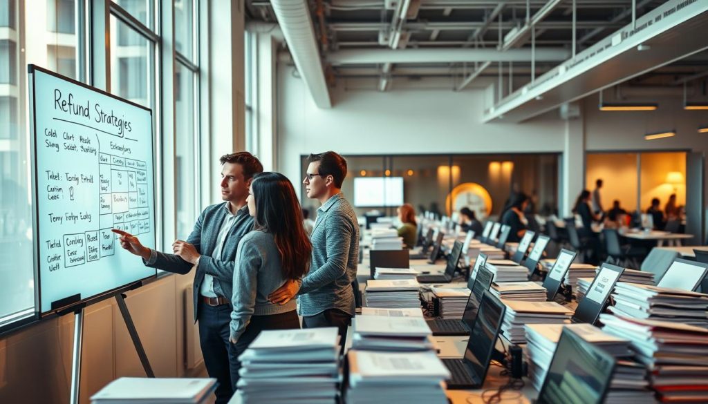 A bustling office scene, illuminated by warm, natural lighting from large windows. In the foreground, a team of e-commerce professionals discussing refund strategies on a digital whiteboard, their expressions focused and determined. In the middle ground, rows of desks with employees diligently processing customer refunds on their laptops, surrounded by stacks of neatly organized paperwork. The background features a sleek, modern office interior with minimalist decor, conveying a sense of efficiency and professionalism. The overall atmosphere is one of collaborative problem-solving, as the team works to streamline their refund processes in response to the ongoing crisis.