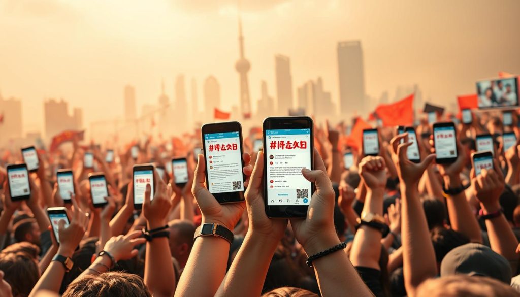 A bustling social media landscape, the Weibo platform comes alive with a vibrant protest movement. In the foreground, a sea of digital hands raised in solidarity, each holding a smartphone emblazoned with a bold, trending hashtag. The middle ground is a flurry of scrolling feeds, with users engaging passionately, their words and reactions forming a tapestry of collective outrage. In the background, a fluid, abstract cityscape provides a dynamic backdrop, reflecting the pulsing energy of this digital uprising. Warm, diffused lighting casts a sense of urgency, while a wide-angle lens captures the scale and intensity of this grassroots social media campaign. A bustling social media landscape, the Weibo platform comes alive with a vibrant protest movement. In the foreground, a sea of digital hands raised in solidarity, each holding a smartphone emblazoned with a bold, trending hashtag. The middle ground is a flurry of scrolling feeds, with users engaging passionately, their words and reactions forming a tapestry of collective outrage. In the background, a fluid, abstract cityscape provides a dynamic backdrop, reflecting the pulsing energy of this digital uprising. Warm, diffused lighting casts a sense of urgency, while a wide-angle lens captures the scale and intensity of this grassroots social media campaign.
