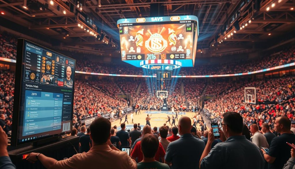 A bustling sports arena filled with vivid action and data streams. In the foreground, a large touchscreen display showcases real-time game scores, player stats, and highlights. Spectators in the middle ground intently study the information, using their phones and tablets to search for deeper insights. In the background, a giant holographic scoreboard floats above the court, projecting team logos, logos, and dynamic visualizations. Warm, diffused lighting creates a sense of energy and focus, as the scene evokes the thrill of the game and the hunger for sports knowledge. A bustling sports arena filled with vivid action and data streams. In the foreground, a large touchscreen display showcases real-time game scores, player stats, and highlights. Spectators in the middle ground intently study the information, using their phones and tablets to search for deeper insights. In the background, a giant holographic scoreboard floats above the court, projecting team logos, logos, and dynamic visualizations. Warm, diffused lighting creates a sense of energy and focus, as the scene evokes the thrill of the game and the hunger for sports knowledge.