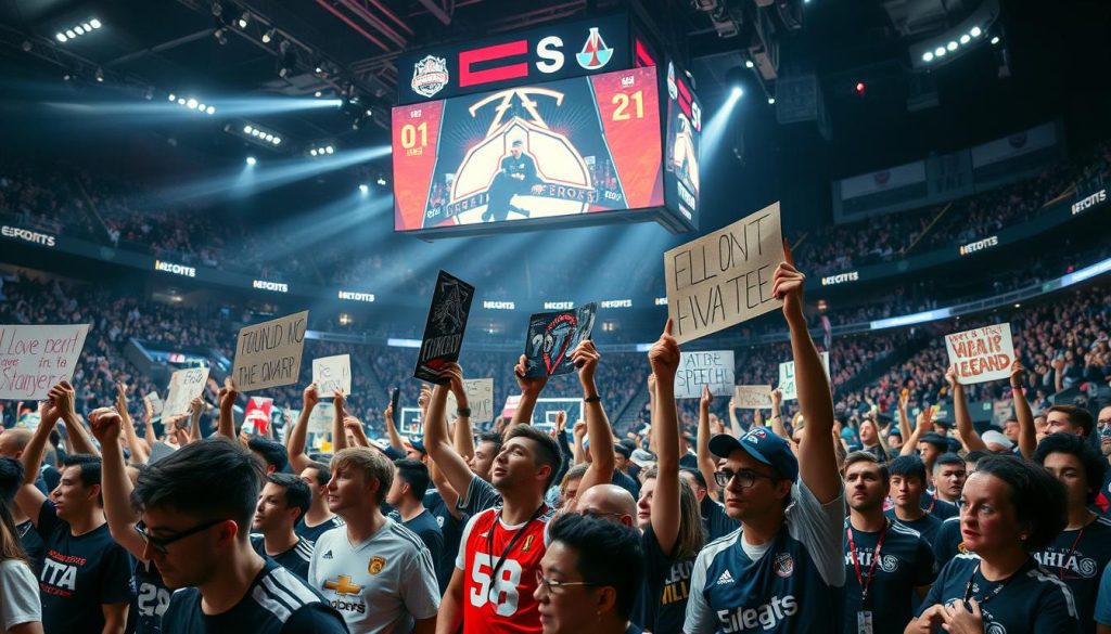 A bustling sports arena, the air electric with tension. In the foreground, a heated protest unfolds - fans passionately voicing their concerns, signs and banners raised high. The middle ground captures team jerseys and logos, the symbols of the eSports industry at the heart of the controversy. Tense expressions and a sense of unease permeate the scene, as the clash between free speech and commercial interests plays out on the court. Dramatic backlighting casts dramatic shadows, heightening the drama. The overall atmosphere is one of high-stakes conflict, a charged moment in the ongoing battle for control of the virtual playing field. A bustling sports arena, the air electric with tension. In the foreground, a heated protest unfolds - fans passionately voicing their concerns, signs and banners raised high. The middle ground captures team jerseys and logos, the symbols of the eSports industry at the heart of the controversy. Tense expressions and a sense of unease permeate the scene, as the clash between free speech and commercial interests plays out on the court. Dramatic backlighting casts dramatic shadows, heightening the drama. The overall atmosphere is one of high-stakes conflict, a charged moment in the ongoing battle for control of the virtual playing field.