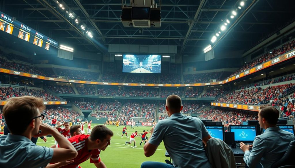 A bustling sports arena, the focus on a heated game unfolding. In the foreground, players fiercely compete, their movements captured in dynamic poses. In the middle ground, a control room filled with technicians monitoring screens, their expressions intense as they navigate content moderation policies. The background reveals the stadium's grandstands, spectators engaged in the action, their faces a mix of excitement and anticipation. Soft, directional lighting illuminates the scene, creating a sense of tension and urgency. The overall atmosphere conveys the high-stakes nature of balancing player demands with content regulations in the world of competitive sports. A bustling sports arena, the focus on a heated game unfolding. In the foreground, players fiercely compete, their movements captured in dynamic poses. In the middle ground, a control room filled with technicians monitoring screens, their expressions intense as they navigate content moderation policies. The background reveals the stadium's grandstands, spectators engaged in the action, their faces a mix of excitement and anticipation. Soft, directional lighting illuminates the scene, creating a sense of tension and urgency. The overall atmosphere conveys the high-stakes nature of balancing player demands with content regulations in the world of competitive sports.