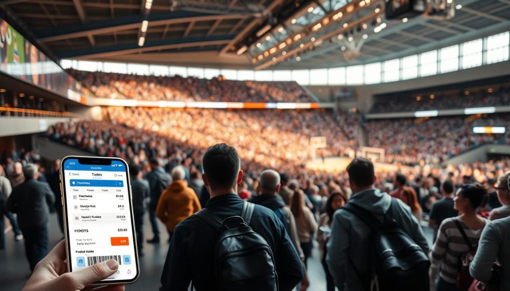 A bustling sports arena, with a sleek and intuitive ticketing interface floating in the foreground. Spectators file in, their tickets seamlessly integrated with their mobile devices. In the middle ground, a vibrant crowd cheers on their favorite teams, their enthusiasm palpable. The background showcases the arena's modern architecture, bathed in warm, natural lighting that casts a welcoming glow. The overall scene conveys the seamless connection between technology and the excitement of live sports, creating a cohesive and immersive experience for the user. A bustling sports arena, with a sleek and intuitive ticketing interface floating in the foreground. Spectators file in, their tickets seamlessly integrated with their mobile devices. In the middle ground, a vibrant crowd cheers on their favorite teams, their enthusiasm palpable. The background showcases the arena's modern architecture, bathed in warm, natural lighting that casts a welcoming glow. The overall scene conveys the seamless connection between technology and the excitement of live sports, creating a cohesive and immersive experience for the user.