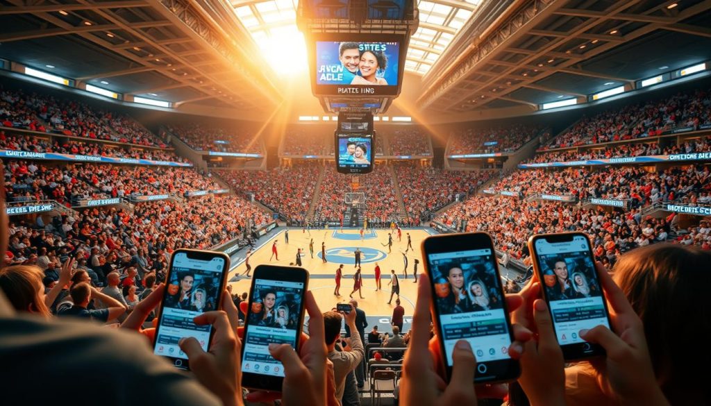 A bustling sports arena, with athletes engaged in lively matches on the court. In the foreground, smartphone screens flicker with dating app interfaces, as users swipe and connect, the shared passion for sports serving as an icebreaker. The stadium is bathed in a warm, golden light, casting a sense of energy and excitement. Sleek, modern architecture and vibrant crowd reactions create a dynamic, immersive atmosphere, where the boundaries between real-world competition and digital social interaction blur seamlessly. A bustling sports arena, with athletes engaged in lively matches on the court. In the foreground, smartphone screens flicker with dating app interfaces, as users swipe and connect, the shared passion for sports serving as an icebreaker. The stadium is bathed in a warm, golden light, casting a sense of energy and excitement. Sleek, modern architecture and vibrant crowd reactions create a dynamic, immersive atmosphere, where the boundaries between real-world competition and digital social interaction blur seamlessly.