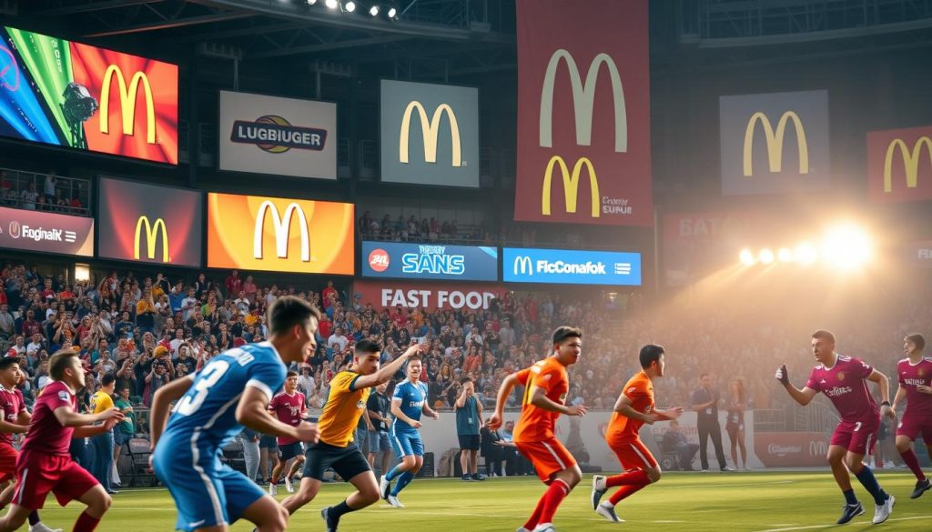 A bustling sports event filled with vibrant energy and the aroma of fast food. In the foreground, a group of athletes in colorful uniforms compete on a well-lit field, their movements captured in dynamic poses. In the middle ground, spectators cheer enthusiastically, many holding fast food items like burgers and fries. The background showcases large banners and signage prominently displaying the logos of prominent fast food sponsors, their branding creating a visually striking atmosphere. The lighting is warm and inviting, casting a glow over the entire scene and evoking a sense of excitement and celebration. The overall composition conveys the synergy between the world of sports and the appeal of fast food, creating a memorable and impactful image. A bustling sports event filled with vibrant energy and the aroma of fast food. In the foreground, a group of athletes in colorful uniforms compete on a well-lit field, their movements captured in dynamic poses. In the middle ground, spectators cheer enthusiastically, many holding fast food items like burgers and fries. The background showcases large banners and signage prominently displaying the logos of prominent fast food sponsors, their branding creating a visually striking atmosphere. The lighting is warm and inviting, casting a glow over the entire scene and evoking a sense of excitement and celebration. The overall composition conveys the synergy between the world of sports and the appeal of fast food, creating a memorable and impactful image.