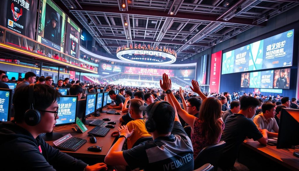 A bustling sports gaming community in China, captured in vibrant detail. The foreground depicts a lively LAN party, gamers intently focused on their screens, their faces lit by the glow of monitors. In the middle ground, groups of friends animatedly discuss strategy and share high-fives, their camaraderie palpable. The background reveals a panoramic view of a modern esports arena, its sleek architecture and large screens showcasing the popularity of this emerging sport. Warm, natural lighting casts a sense of energy and enthusiasm, while a wide-angle lens captures the scale and intensity of this passionate gaming subculture.