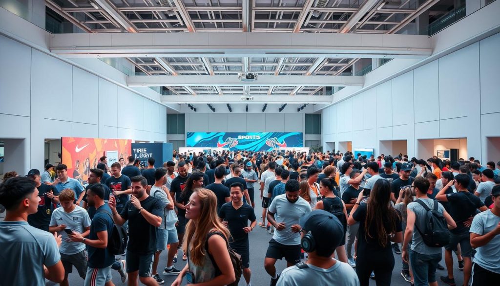 A bustling sports influencer event set against a vibrant, modern backdrop. In the foreground, athletes and social media personalities mingle and pose for photos, their energetic movements captured in a dynamic wide-angle shot. The middle ground features branded backdrops, product displays, and a lively crowd of attendees. The background showcases a sleek, minimalist venue with high ceilings, ample natural lighting, and sleek architectural details. The overall atmosphere conveys a sense of excitement, camaraderie, and the intersection of sports, technology, and digital culture. A bustling sports influencer event set against a vibrant, modern backdrop. In the foreground, athletes and social media personalities mingle and pose for photos, their energetic movements captured in a dynamic wide-angle shot. The middle ground features branded backdrops, product displays, and a lively crowd of attendees. The background showcases a sleek, minimalist venue with high ceilings, ample natural lighting, and sleek architectural details. The overall atmosphere conveys a sense of excitement, camaraderie, and the intersection of sports, technology, and digital culture.