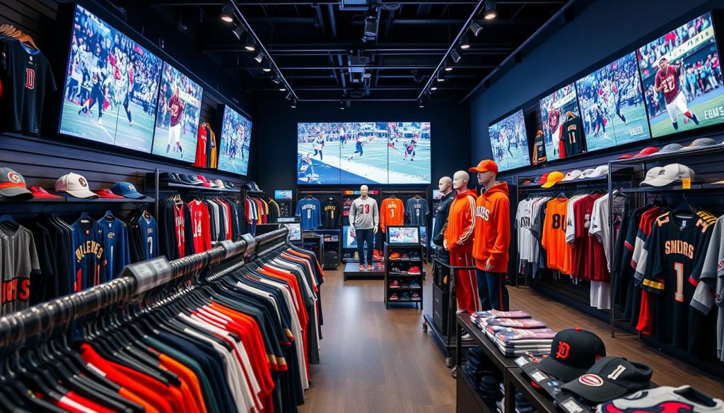 A bustling sports retail setting, showcasing an array of merchandise and gear. In the foreground, rows of vibrant jerseys, hats, and apparel from various teams and leagues adorn the shelves. The middle ground features interactive displays and mannequins modeling the latest fan-favorite looks, captured in a dynamic, well-lit setting. In the background, a large video wall projects highlights and game footage, creating an immersive, energetic atmosphere. The overall scene conveys the thrill and excitement of sports culture, inviting the viewer to explore and engage with the merchandise on display. A bustling sports retail setting, showcasing an array of merchandise and gear. In the foreground, rows of vibrant jerseys, hats, and apparel from various teams and leagues adorn the shelves. The middle ground features interactive displays and mannequins modeling the latest fan-favorite looks, captured in a dynamic, well-lit setting. In the background, a large video wall projects highlights and game footage, creating an immersive, energetic atmosphere. The overall scene conveys the thrill and excitement of sports culture, inviting the viewer to explore and engage with the merchandise on display.