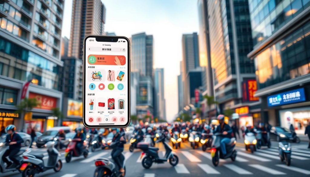 A bustling urban landscape, with modern high-rise buildings in the background. In the foreground, a vibrant mobile shopping app interface floats, showcasing a variety of products and logistics options. The app's design is sleek and intuitive, reflecting the latest trends in Chinese e-commerce. The middle ground features delivery workers on electric scooters, navigating the crowded streets, symbolizing the efficient logistics network that powers the shopping experience. The overall scene conveys a sense of technological progress, convenience, and the seamless integration of online and offline retail in China. Soft, warm lighting illuminates the scene, creating a visually appealing and inviting atmosphere. A bustling urban landscape, with modern high-rise buildings in the background. In the foreground, a vibrant mobile shopping app interface floats, showcasing a variety of products and logistics options. The app's design is sleek and intuitive, reflecting the latest trends in Chinese e-commerce. The middle ground features delivery workers on electric scooters, navigating the crowded streets, symbolizing the efficient logistics network that powers the shopping experience. The overall scene conveys a sense of technological progress, convenience, and the seamless integration of online and offline retail in China. Soft, warm lighting illuminates the scene, creating a visually appealing and inviting atmosphere.