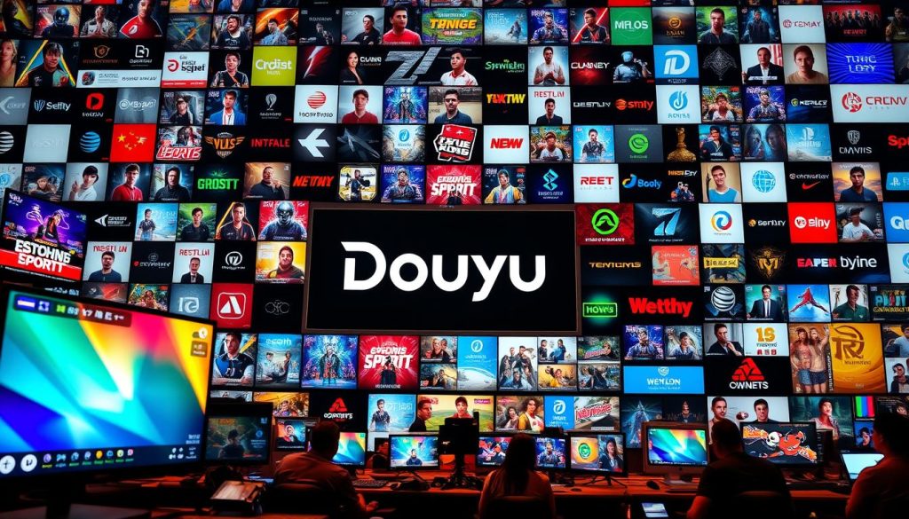 A busy digital landscape showcasing the live streaming platforms of China, with Douyu prominently featured in the center. The foreground depicts a sleek, modern interface with vibrant colors and intuitive controls, hinting at the platform's user-friendly design. The middle ground features smaller windows displaying various esports tournaments and popular streamers, capturing the dynamic nature of Douyu's content. The background is filled with a collage of other major Chinese streaming platforms, each with their own distinct visual identities, creating a sense of competition and the broader landscape of the industry. The overall scene is illuminated by warm, diffused lighting, conveying a sense of professionalism and digital energy. A busy digital landscape showcasing the live streaming platforms of China, with Douyu prominently featured in the center. The foreground depicts a sleek, modern interface with vibrant colors and intuitive controls, hinting at the platform's user-friendly design. The middle ground features smaller windows displaying various esports tournaments and popular streamers, capturing the dynamic nature of Douyu's content. The background is filled with a collage of other major Chinese streaming platforms, each with their own distinct visual identities, creating a sense of competition and the broader landscape of the industry. The overall scene is illuminated by warm, diffused lighting, conveying a sense of professionalism and digital energy.