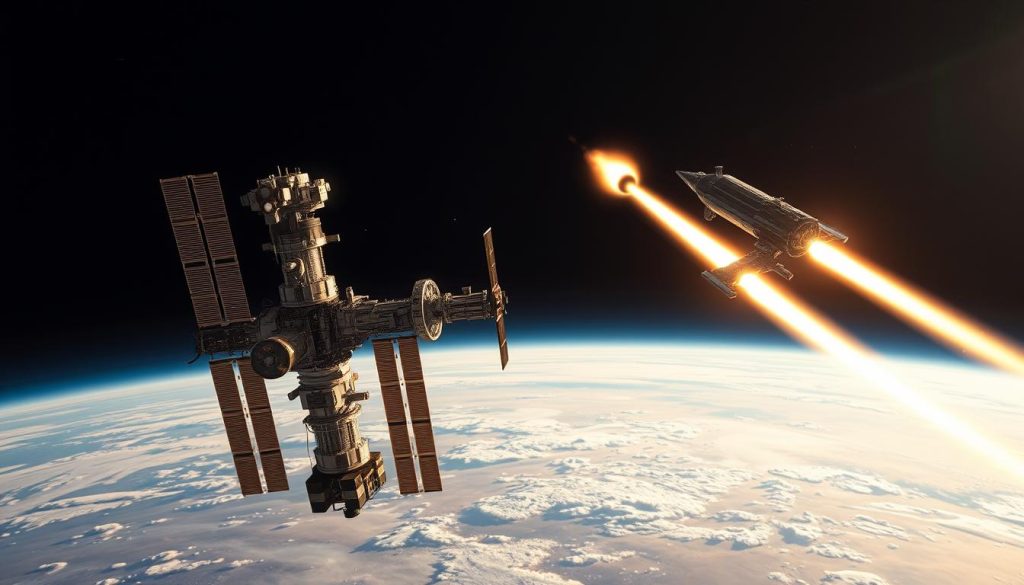 A colossal Chinese space station hovers in the foreground, its modular structure gleaming under the warm light of Earth's glow. In the distance, a sleek and powerful Mars probe soars against the inky blackness of space, its engines trailing plumes of brilliant exhaust. The scene is illuminated by a soft, directional lighting that casts dramatic shadows, lending a sense of scale and grandeur to the composition. The camera angle is slightly elevated, allowing the viewer to take in the full scope of China's ambitious space exploration efforts, from the orbiting outpost to the interplanetary voyager. An aura of determination and technological prowess permeates the image, capturing the essence of China's newfound prominence in the global space race. A colossal Chinese space station hovers in the foreground, its modular structure gleaming under the warm light of Earth's glow. In the distance, a sleek and powerful Mars probe soars against the inky blackness of space, its engines trailing plumes of brilliant exhaust. The scene is illuminated by a soft, directional lighting that casts dramatic shadows, lending a sense of scale and grandeur to the composition. The camera angle is slightly elevated, allowing the viewer to take in the full scope of China's ambitious space exploration efforts, from the orbiting outpost to the interplanetary voyager. An aura of determination and technological prowess permeates the image, capturing the essence of China's newfound prominence in the global space race.