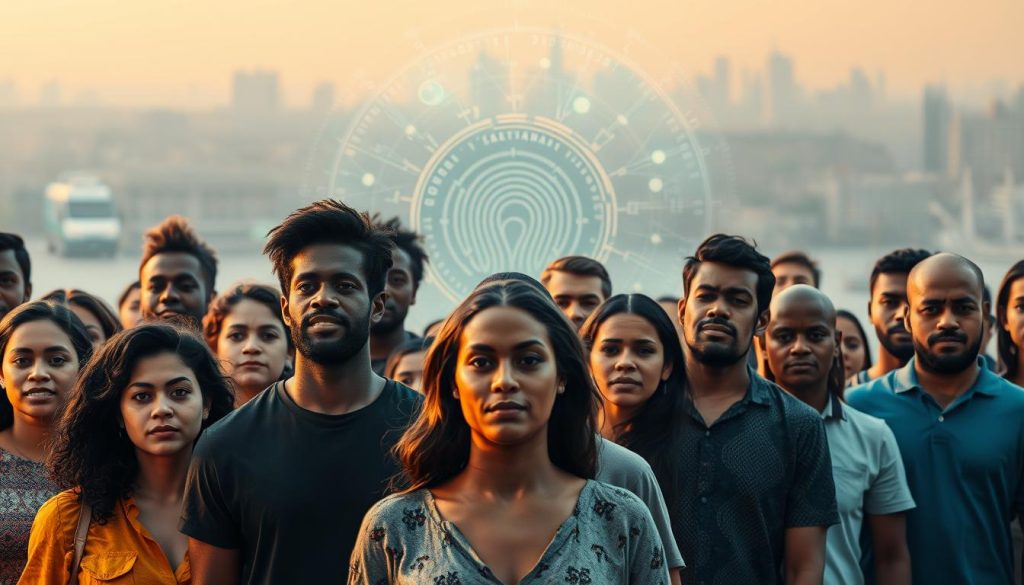 A community of diverse individuals standing together, united in their resistance against AI-powered identity fraud. In the foreground, a diverse group of people, their faces illuminated by a warm, diffuse light, expressing determination and solidarity. In the middle ground, a swirling digital landscape of data streams, algorithms, and biometric scans, representing the technological threats they face. In the background, a cityscape shrouded in a hazy, ethereal glow, symbolizing the broader societal impact of these issues. The scene conveys a sense of collective action, empowerment, and a shared commitment to safeguarding personal privacy and identity in the digital age. A community of diverse individuals standing together, united in their resistance against AI-powered identity fraud. In the foreground, a diverse group of people, their faces illuminated by a warm, diffuse light, expressing determination and solidarity. In the middle ground, a swirling digital landscape of data streams, algorithms, and biometric scans, representing the technological threats they face. In the background, a cityscape shrouded in a hazy, ethereal glow, symbolizing the broader societal impact of these issues. The scene conveys a sense of collective action, empowerment, and a shared commitment to safeguarding personal privacy and identity in the digital age.