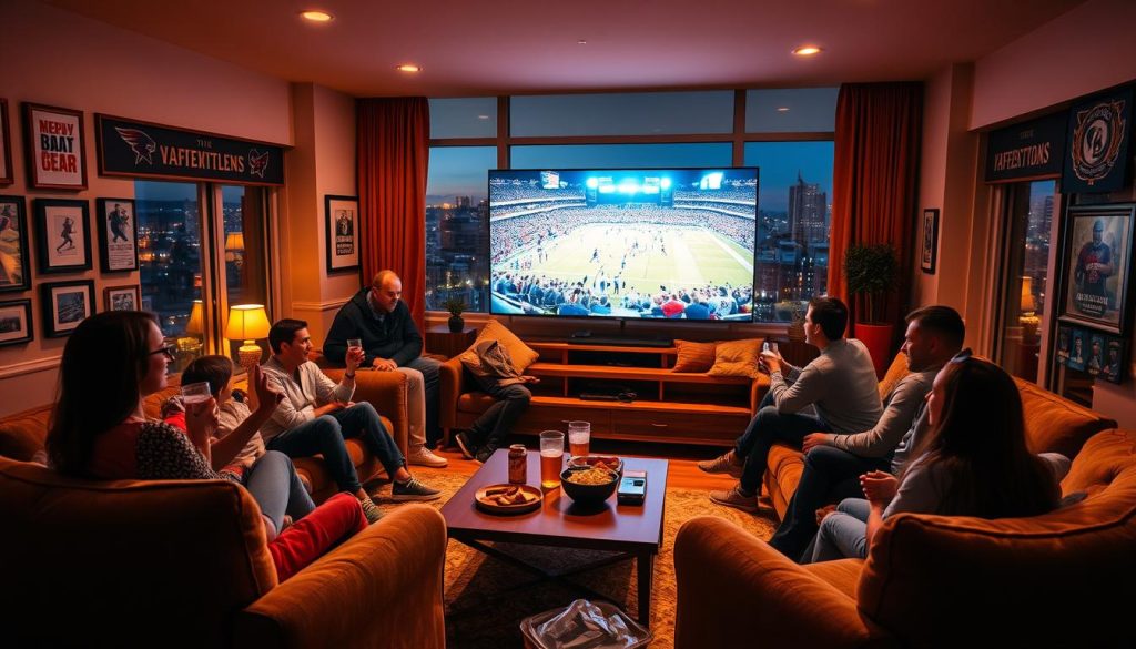 A cozy living room filled with friends and family gathered around a massive, high-definition television screen. Vibrant energy as they cheer and celebrate a nail-biting sports match, beers in hand and snacks on the coffee table. Warm, golden lighting casts a soft glow, creating an inviting atmosphere. The room is adorned with plush sofas, a large sectional, and cushy armchairs arranged in a semicircle facing the screen. Framed sports memorabilia and team banners line the walls, adding to the sports-themed ambiance. Through the windows, the dimly lit cityscape can be seen in the background, highlighting the intimate, indoor setting.