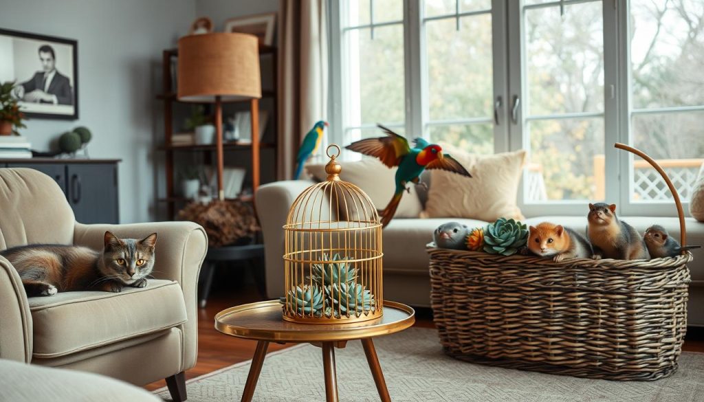 A cozy living room with a diverse array of niche pets, each occupying their own unique space. In the foreground, a dignified cat lounges on a plush velvet armchair, its piercing eyes surveying the scene. Beside it, a playful ferret darts across a mid-century modern side table, knocking over a carefully curated display of succulents. In the middle ground, a pair of exotic birds perch on an ornate brass cage, their vibrant plumage contrasting with the muted tones of the room. The background features a large window, allowing natural light to flood the space and highlighting the curious expressions of a trio of chinchillas nestled in a handcrafted wicker basket. The overall atmosphere is one of tranquility and whimsy, capturing the unique relationships between humans and their cherished niche pets.