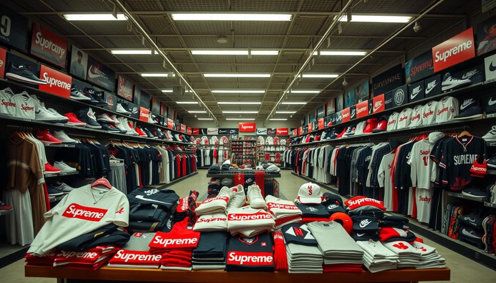 A deserted sports/fashion megastore, stocked with a jumbled array of mismatched branded merchandise. In the foreground, a display of poorly-executed, unauthorized Supreme collaborations - garments and accessories bearing the iconic logo, yet clearly hastily produced and of subpar quality. The middle ground showcases a chaotic mix of unrelated brands, their products haphazardly arranged, highlighting the lack of cohesion. The background depicts an empty, dimly-lit retail space, its harsh fluorescent lighting casting a sense of neglect and disarray. The overall atmosphere conveys the failure of a high-profile brand collaboration, a cautionary tale of the dangers of brand dilution and mismanagement. A deserted sports/fashion megastore, stocked with a jumbled array of mismatched branded merchandise. In the foreground, a display of poorly-executed, unauthorized Supreme collaborations - garments and accessories bearing the iconic logo, yet clearly hastily produced and of subpar quality. The middle ground showcases a chaotic mix of unrelated brands, their products haphazardly arranged, highlighting the lack of cohesion. The background depicts an empty, dimly-lit retail space, its harsh fluorescent lighting casting a sense of neglect and disarray. The overall atmosphere conveys the failure of a high-profile brand collaboration, a cautionary tale of the dangers of brand dilution and mismanagement.