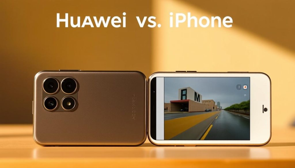 A detailed, side-by-side comparison of the latest camera technologies in Huawei and iPhone flagship models. Sleek, modern smartphones are displayed prominently, with their camera lenses and sensor arrays highlighted. Crisp, high-resolution images from each device are showcased, allowing viewers to appreciate the nuanced differences in image quality, color reproduction, and low-light performance. The scene is bathed in warm, natural lighting, creating a premium, aspirational atmosphere that accentuates the cutting-edge camera capabilities of these rival smartphones. Subtle, minimalist branding elements subtly indicate the brand identities, without distracting from the technical showcase. A detailed, side-by-side comparison of the latest camera technologies in Huawei and iPhone flagship models. Sleek, modern smartphones are displayed prominently, with their camera lenses and sensor arrays highlighted. Crisp, high-resolution images from each device are showcased, allowing viewers to appreciate the nuanced differences in image quality, color reproduction, and low-light performance. The scene is bathed in warm, natural lighting, creating a premium, aspirational atmosphere that accentuates the cutting-edge camera capabilities of these rival smartphones. Subtle, minimalist branding elements subtly indicate the brand identities, without distracting from the technical showcase.