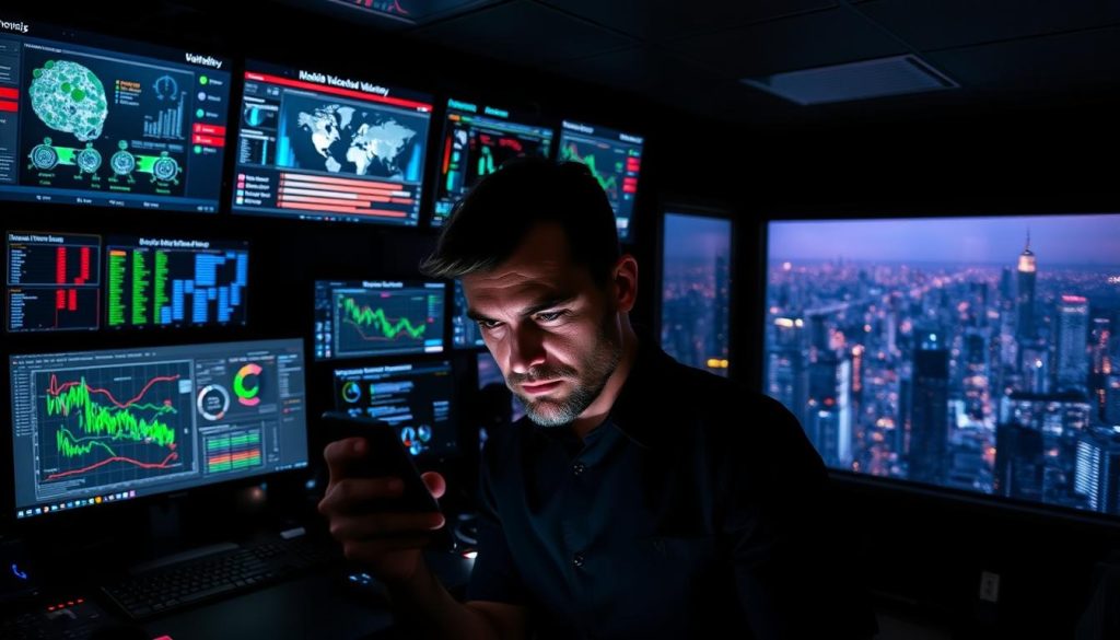 A dimly lit cybersecurity control room, with multiple screens displaying mobile device vulnerabilities and attack vectors. In the foreground, a network admin scrutinizes a smartphone, frowning at the emerging threats. The middle ground is filled with data visualizations, heatmaps, and real-time threat detection dashboards. In the background, a panoramic window overlooks a bustling cityscape, hinting at the scale and complexity of the mobile security landscape. The scene conveys a sense of urgency, technical sophistication, and the ever-evolving challenges of safeguarding mobile devices and user trust.