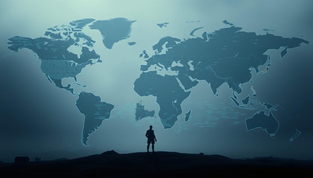 A dimly lit, desaturated scene depicting a fragmented Fortnite map, with disjointed regional borders and disconnected landmasses. In the foreground, a glitching, low-resolution render of a Fortnite character stands isolated, surrounded by a web of corrupted data and visual artifacts. The middle ground features a sparse, unfinished landscape, with buildings and structures partially obscured by digital interference. The background is a hazy, indistinct void, symbolizing the lack of a cohesive global experience. The overall atmosphere conveys a sense of technical failure, disconnection, and the inability to fully integrate a worldwide audience.