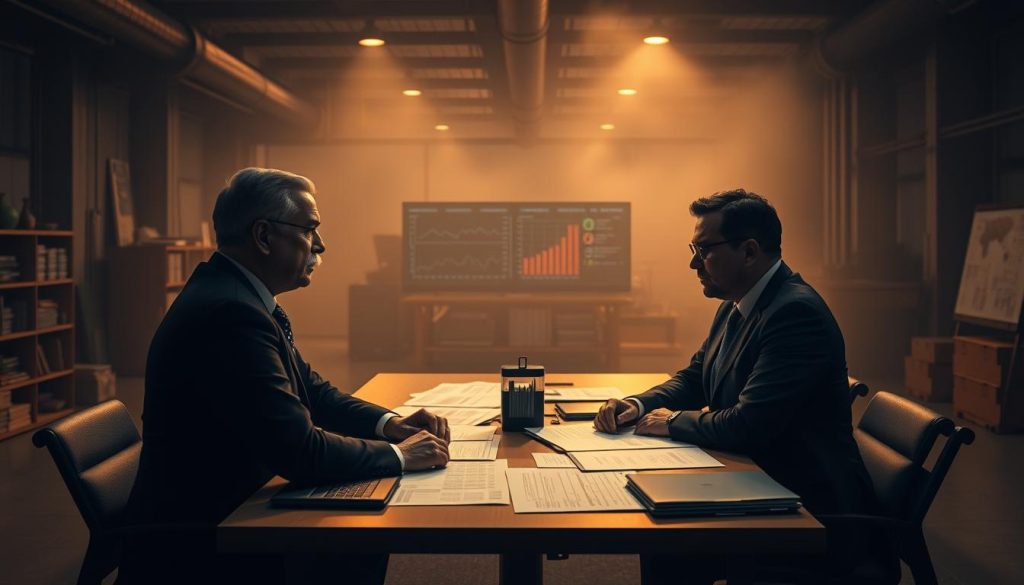 A dimly lit, industrial-style office space, with a large desk at the center. On the desk, various documents, graphs, and digital screens display data and charts related to business partnerships, logistics, and government policies. In the foreground, two businesspeople in formal attire are engaged in a serious discussion, their faces etched with concern. The background is hazy, with a sense of urgency and tension, conveying the complexities of navigating the state-business crisis during the COVID-19 pandemic. Soft, warm lighting illuminates the scene, casting subtle shadows and creating a sense of depth and atmosphere. A dimly lit, industrial-style office space, with a large desk at the center. On the desk, various documents, graphs, and digital screens display data and charts related to business partnerships, logistics, and government policies. In the foreground, two businesspeople in formal attire are engaged in a serious discussion, their faces etched with concern. The background is hazy, with a sense of urgency and tension, conveying the complexities of navigating the state-business crisis during the COVID-19 pandemic. Soft, warm lighting illuminates the scene, casting subtle shadows and creating a sense of depth and atmosphere.