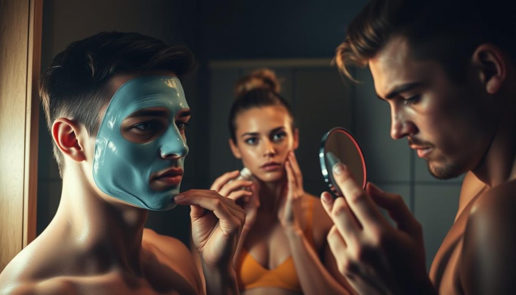 A dimly lit locker room, with a sense of focused intensity. In the foreground, an athlete diligently applies a hydrating face mask, their skin glistening with sweat after a rigorous workout. In the middle ground, another athlete carefully massages a nourishing serum into their complexion, their expression serene and centered. In the background, a third athlete examines their pores in a compact mirror, their brow furrowed in concentration. Soft, warm lighting casts a soothing glow, accentuating the athletes' dedication to their skincare routines even amidst their intense training regimes. The scene conveys the importance of personalized, science-backed skincare for high-performance athletes. A dimly lit locker room, with a sense of focused intensity. In the foreground, an athlete diligently applies a hydrating face mask, their skin glistening with sweat after a rigorous workout. In the middle ground, another athlete carefully massages a nourishing serum into their complexion, their expression serene and centered. In the background, a third athlete examines their pores in a compact mirror, their brow furrowed in concentration. Soft, warm lighting casts a soothing glow, accentuating the athletes' dedication to their skincare routines even amidst their intense training regimes. The scene conveys the importance of personalized, science-backed skincare for high-performance athletes.