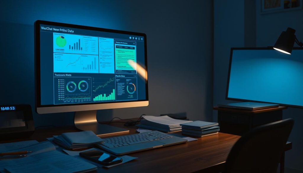 A dimly lit office scene with a desk, computer, and various digital devices. On the computer screen, a data visualization dashboard displays intricate graphs and charts analyzing WeChat user data and privacy metrics. The desktop is cluttered with scattered documents, files, and a smartphone. Soft blue-tinted lighting from the screen casts a pensive glow across the space, hinting at the complexities and concerns surrounding data privacy. The overall atmosphere is one of contemplation and unease, as the user pores over the sensitive information presented before them.