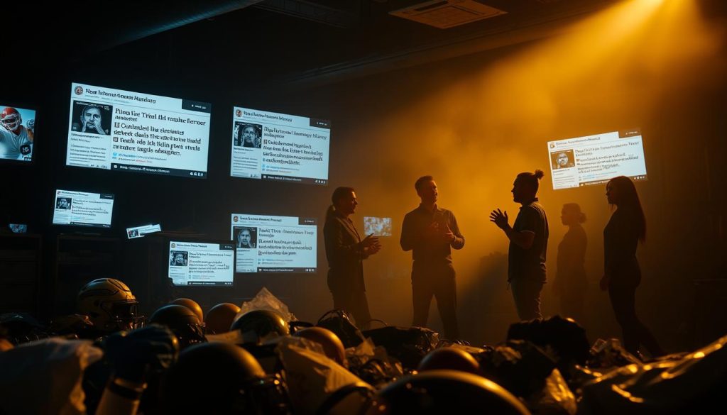 A dimly lit room filled with the glow of screens displaying conflicting headlines and social media posts. In the foreground, a jumble of sports equipment and medical supplies, symbolizing the intersection of pandemic rumors and sports misinformation. The middle ground features shadowy figures gesturing animatedly, their faces obscured, as if engaged in a heated debate. The background is hazy, with a sense of unease and uncertainty, suggesting the pervasive nature of these false narratives. The lighting is dramatic, casting sharp shadows and highlighting the tension in the scene. The camera angle is slightly tilted, adding to the sense of instability and chaos. The overall mood is one of confusion, mistrust, and the urgent need for fact-checking and truth-seeking. A dimly lit room filled with the glow of screens displaying conflicting headlines and social media posts. In the foreground, a jumble of sports equipment and medical supplies, symbolizing the intersection of pandemic rumors and sports misinformation. The middle ground features shadowy figures gesturing animatedly, their faces obscured, as if engaged in a heated debate. The background is hazy, with a sense of unease and uncertainty, suggesting the pervasive nature of these false narratives. The lighting is dramatic, casting sharp shadows and highlighting the tension in the scene. The camera angle is slightly tilted, adding to the sense of instability and chaos. The overall mood is one of confusion, mistrust, and the urgent need for fact-checking and truth-seeking.