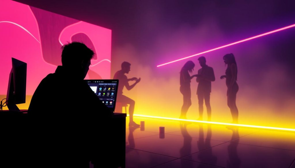 A dimly lit virtual space, a neon-tinged digital realm where online role-play and micro-transactions intertwine. In the foreground, a figure sits hunched over a computer, their screen aglow with icons and menus hinting at paid interactions. In the middle ground, shadowy silhouettes of other participants engage in hushed, intimate exchanges, currencies exchanging hands. The background is a hazy blend of abstract shapes and glowing lines, the atmosphere both alluring and unsettling, reflecting the complexities of this emerging online performance economy. A dimly lit virtual space, a neon-tinged digital realm where online role-play and micro-transactions intertwine. In the foreground, a figure sits hunched over a computer, their screen aglow with icons and menus hinting at paid interactions. In the middle ground, shadowy silhouettes of other participants engage in hushed, intimate exchanges, currencies exchanging hands. The background is a hazy blend of abstract shapes and glowing lines, the atmosphere both alluring and unsettling, reflecting the complexities of this emerging online performance economy.