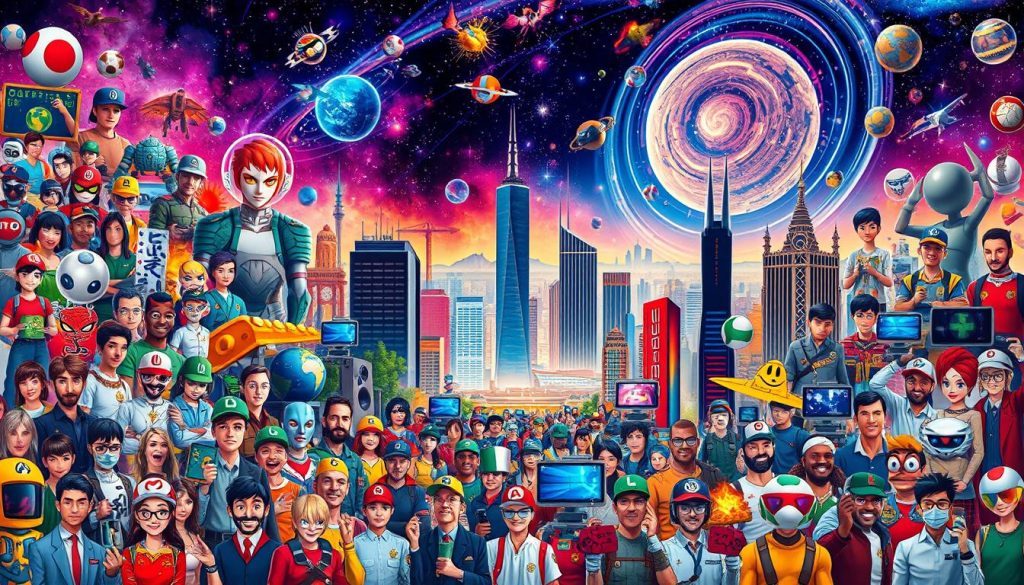 A diverse array of global gaming cultural icons, united in a dynamic composition. In the foreground, a vibrant mosaic of renowned characters, avatars, and symbols from popular games across the world. In the middle ground, a dynamic mesh of neon-lit skyscrapers and futuristic cityscapes, reflecting the global interconnectedness of the gaming industry. In the background, a vivid celestial landscape, with swirling galaxies and celestial bodies, symbolizing the boundless potential and reach of gaming culture worldwide. Lighting is a blend of warm and cool tones, creating a sense of energy and wonder. The overall atmosphere conveys the cross-cultural, transnational nature of the global gaming landscape.