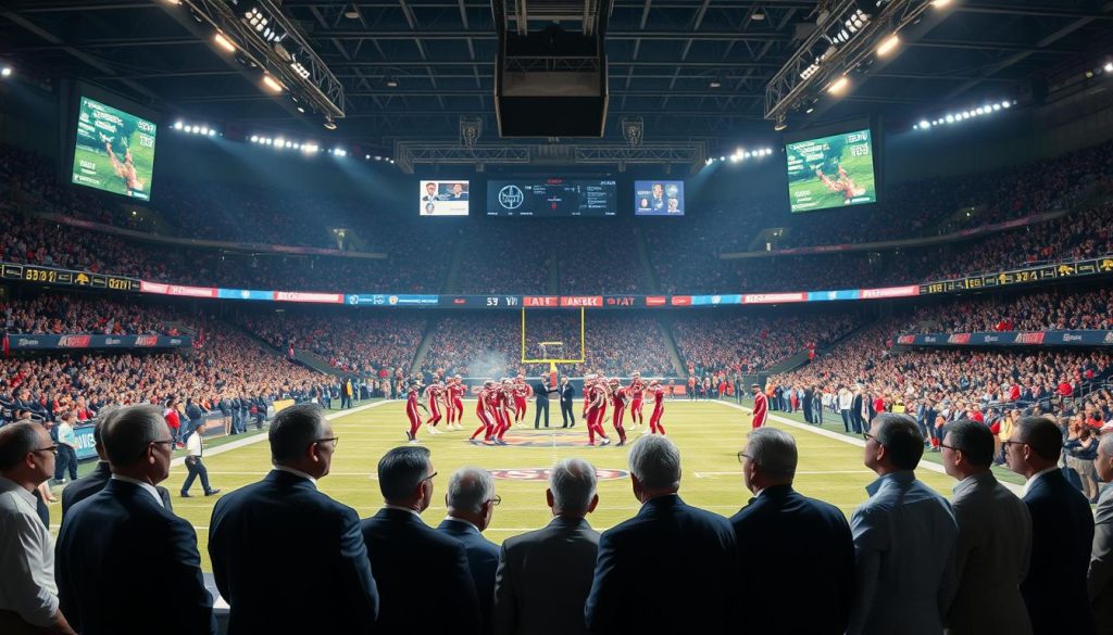 A dramatic sports arena with a large scoreboard and electronic displays. On the field, two teams in opposing uniforms face off, their expressions tense and determined. In the foreground, a group of politicians and executives observe the game, deep in discussion. The atmosphere is charged with a sense of high-stakes decision making, as the actions on the field mirror the political tensions off it. Dramatic lighting casts long shadows, heightening the drama. The entire scene conveys the intersection of sports, politics, and the complex issues of brand risk analysis.