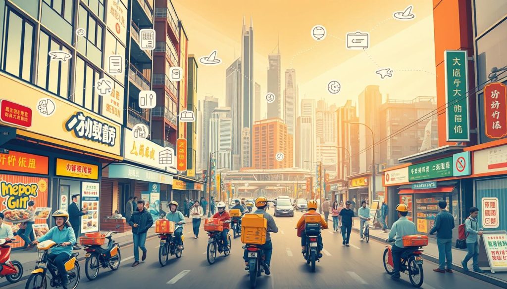 A dynamic and interconnected Meituan O2O ecosystem, captured in a wide-angle perspective. In the foreground, a bustling urban street scene with delivery riders, merchants, and customers engaged in a seamless flow of commerce. The middle ground features Meituan's diverse service offerings, from food delivery to travel and entertainment, represented by vibrant icons and illustrations. In the background, a cityscape of towering skyscrapers and infrastructure, symbolizing the platform's expansive reach and integration within the broader urban landscape. The scene is illuminated by a warm, golden light, conveying a sense of efficiency, connectivity, and the synergistic power of the Meituan ecosystem. A dynamic and interconnected Meituan O2O ecosystem, captured in a wide-angle perspective. In the foreground, a bustling urban street scene with delivery riders, merchants, and customers engaged in a seamless flow of commerce. The middle ground features Meituan's diverse service offerings, from food delivery to travel and entertainment, represented by vibrant icons and illustrations. In the background, a cityscape of towering skyscrapers and infrastructure, symbolizing the platform's expansive reach and integration within the broader urban landscape. The scene is illuminated by a warm, golden light, conveying a sense of efficiency, connectivity, and the synergistic power of the Meituan ecosystem.