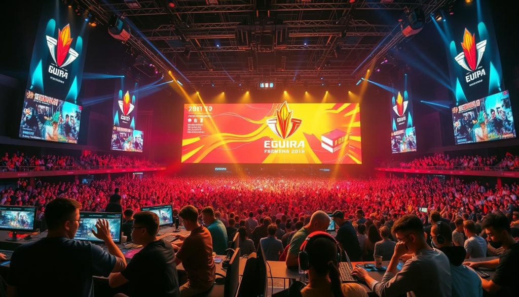 A dynamic and vibrant scene of a major eSports tournament in China. In the foreground, a large stage is illuminated by bright, colorful spotlights, with teams of professional gamers intently focused on their screens, fingers flying across keyboards. In the middle ground, a packed arena of enthusiastic spectators, their faces alight with excitement, cheering on their favorite teams. The background is a futuristic, high-tech setting, with towering screens displaying the tournament's logo and live gameplay. The overall atmosphere is one of intensity, energy, and a sense of the global significance of this event, capturing the rise of eSports in China. A dynamic and vibrant scene of a major eSports tournament in China. In the foreground, a large stage is illuminated by bright, colorful spotlights, with teams of professional gamers intently focused on their screens, fingers flying across keyboards. In the middle ground, a packed arena of enthusiastic spectators, their faces alight with excitement, cheering on their favorite teams. The background is a futuristic, high-tech setting, with towering screens displaying the tournament's logo and live gameplay. The overall atmosphere is one of intensity, energy, and a sense of the global significance of this event, capturing the rise of eSports in China.