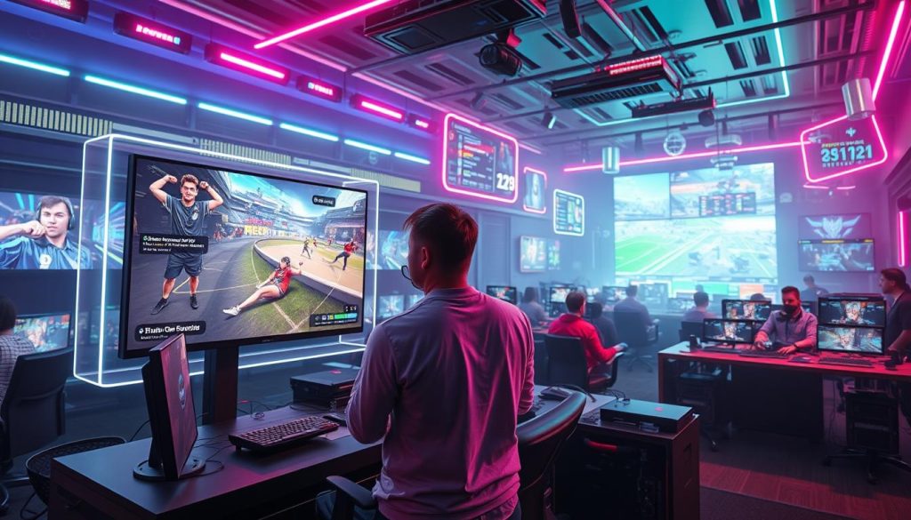 A dynamic, hyperactive sports gaming livestream ecosystem. In the foreground, a large holographic screen displays colorful esports gameplay, surrounded by a sleek, minimalist tech setup with high-end gaming peripherals. In the middle ground, a host energetically narrates the action, their face projected onto a transparent display. In the background, a bustling control room with teams of analysts, producers, and technicians, all coordinating the complex workflow. Vibrant neon lighting casts an immersive glow, while futuristic data visualizations and infographics hover in the air, creating a sense of technological sophistication. An overall atmosphere of excitement, innovation, and the thrill of competitive gaming.