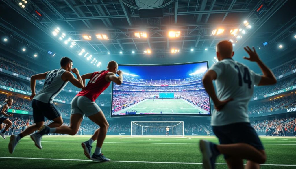 A dynamic sports arena, filled with the energy of vertical sports highlights playing on a towering curved smart screen. The foreground captures the crisp movements of athletes in action, their bodies frozen in time, showcasing the power and grace of their performances. The middle ground features a sleek, futuristic smart TV, its screen illuminating the space with vibrant colors and sharp details. The background suggests a high-tech, immersive environment, with subtle lighting and a sense of depth that draws the viewer into the scene. The overall mood is one of excitement and anticipation, inviting the viewer to experience the thrill of sports highlights on a grand, vertical display. A dynamic sports arena, filled with the energy of vertical sports highlights playing on a towering curved smart screen. The foreground captures the crisp movements of athletes in action, their bodies frozen in time, showcasing the power and grace of their performances. The middle ground features a sleek, futuristic smart TV, its screen illuminating the space with vibrant colors and sharp details. The background suggests a high-tech, immersive environment, with subtle lighting and a sense of depth that draws the viewer into the scene. The overall mood is one of excitement and anticipation, inviting the viewer to experience the thrill of sports highlights on a grand, vertical display.