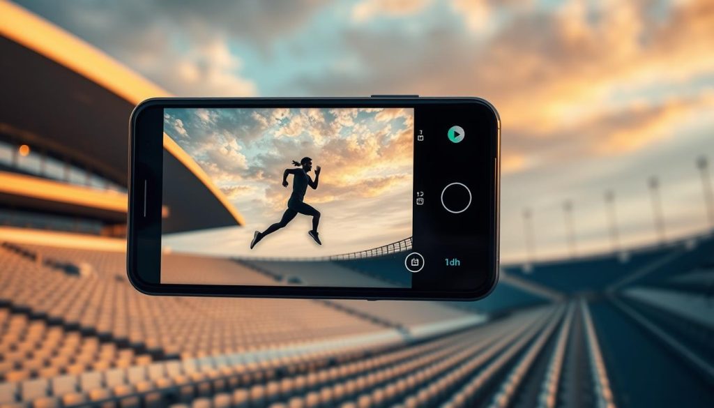 A dynamic sports photography scene featuring a smartphone capturing a high-speed action shot. In the foreground, an athlete in mid-leap, their form silhouetted against a dramatic sky. The smartphone's camera lens is in sharp focus, its long telephoto reach freezing the athlete's motion. In the middle ground, the stadium seating is blurred, emphasizing the sense of speed and movement. The background features the sleek, modern architecture of the sports venue, illuminated by warm, golden-hour lighting that casts long shadows. The overall composition conveys a sense of technical innovation, spontaneity, and the power of mobile photography to capture the thrill of live sports. A dynamic sports photography scene featuring a smartphone capturing a high-speed action shot. In the foreground, an athlete in mid-leap, their form silhouetted against a dramatic sky. The smartphone's camera lens is in sharp focus, its long telephoto reach freezing the athlete's motion. In the middle ground, the stadium seating is blurred, emphasizing the sense of speed and movement. The background features the sleek, modern architecture of the sports venue, illuminated by warm, golden-hour lighting that casts long shadows. The overall composition conveys a sense of technical innovation, spontaneity, and the power of mobile photography to capture the thrill of live sports.